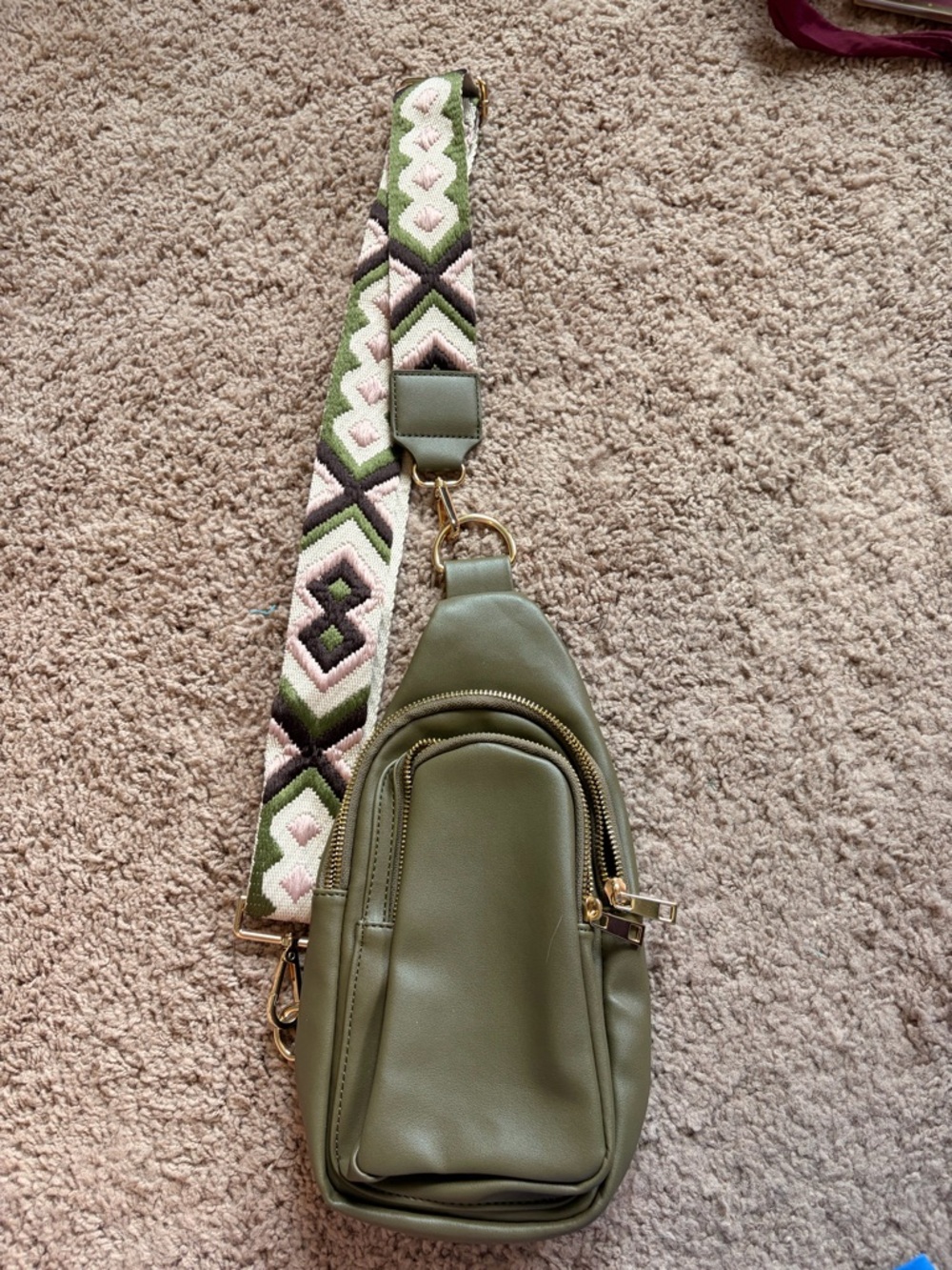 Olive Green Crossbody Sling Bag with Patterned Strap